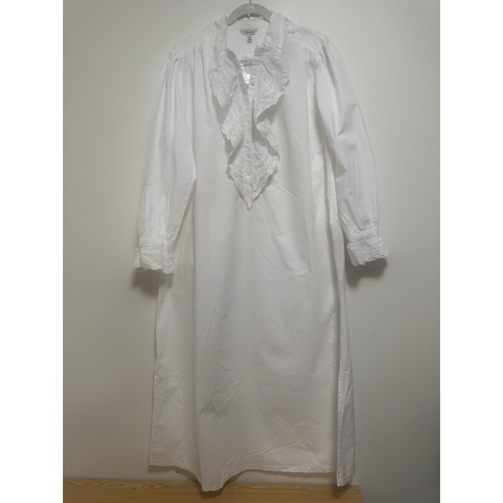 J. Peterman 100% Cotton White Pajama Gown Dress Prairie Cottage Core Women Sz L
